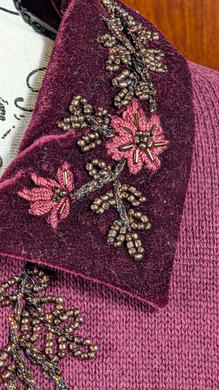 Tiara International Vintage 99 Beaded Embroidered Velvet Collar Cardigan Sweater - Picture 4 of 14